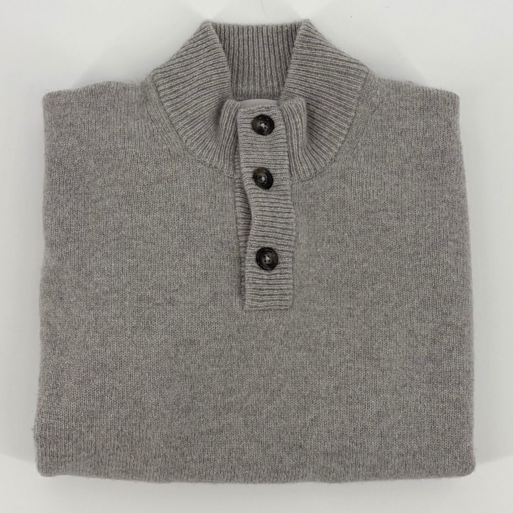 Ledbury Mock Neck Sweater Mens Grey Superfine Wool Button Placket Italy MEDIUM